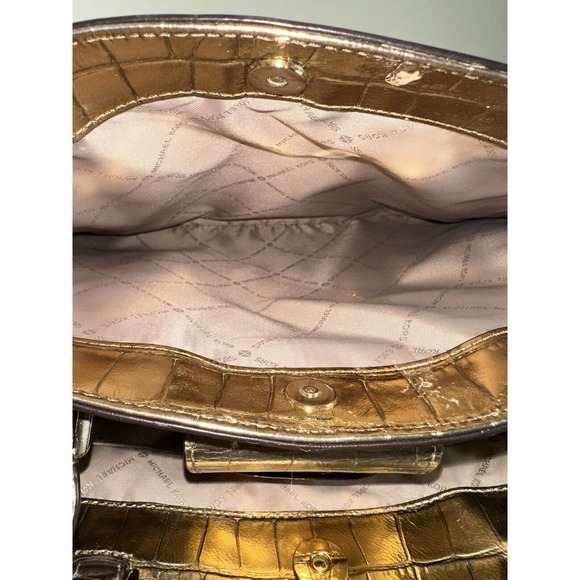 Michael Kors Gold Karla Satchel Shoulder Bag Handbag Purse Embossed Leather - Picture 7 of 16